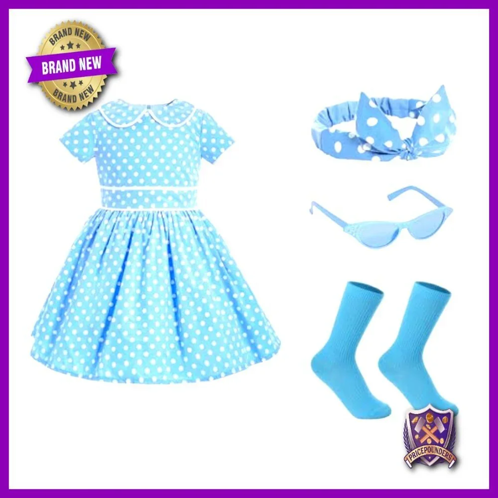 Retro Polka Dot Dress Costume Set with Headband Glasses Socks Vintage Style